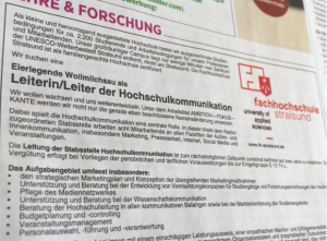 Die FH Stralsund sucht eine eierlegende Wollmilchsau aka Leiter_in Hochschulkommunikation (Quelle: ZEIT Stellenmarkt, Chancen Newsletter vom 16.2.2017). 